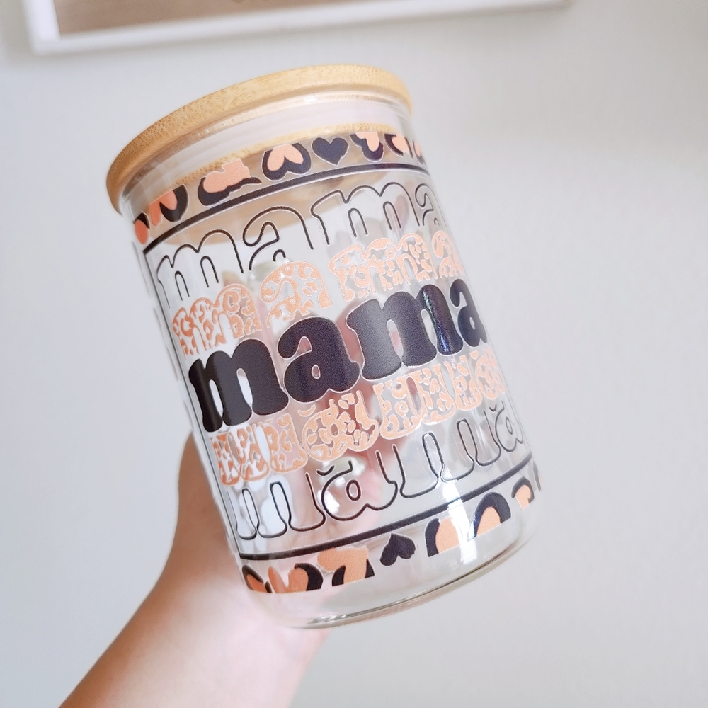 🆕️ Mama Leopard Print 17oz Clear Glass Mug Bamboo Lid Mom Cup Gift